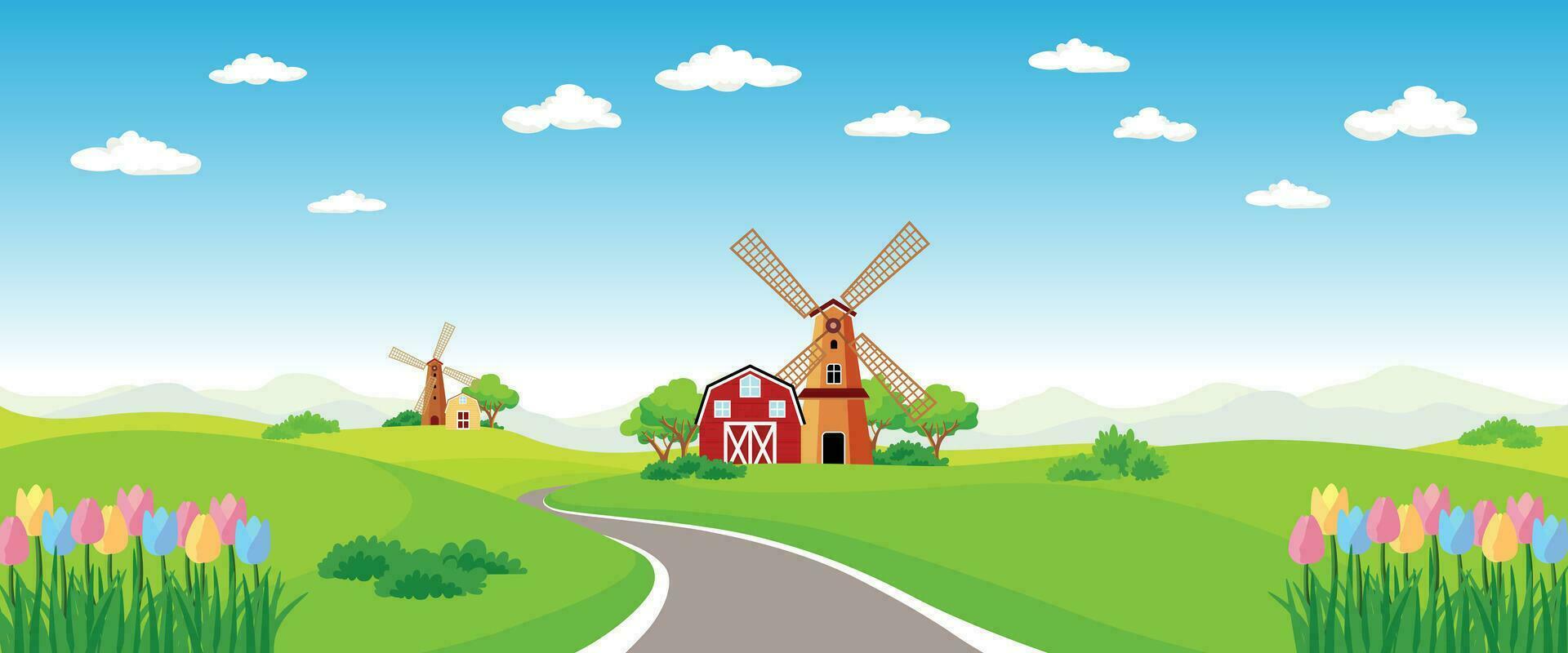 Road scenery house and windmill front view of tulips, meadows, trees and mountains. clear sky. Beautiful nature. Vector illustration.