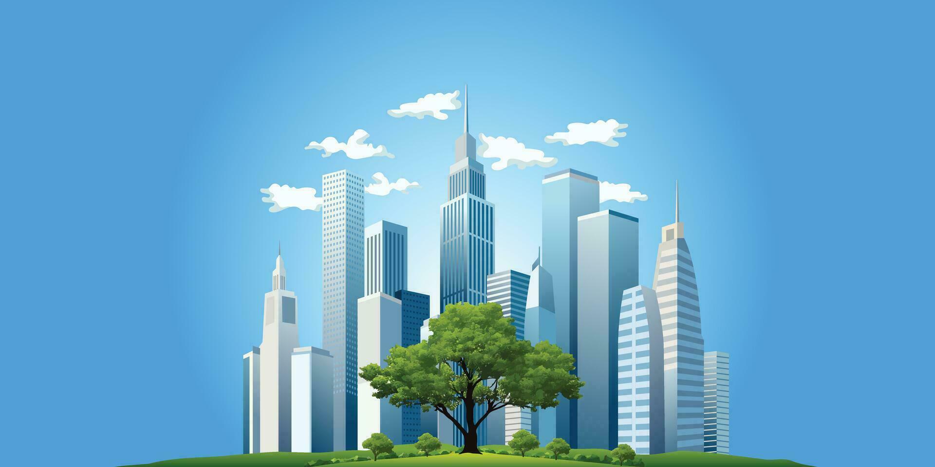 Scenery of towering skyscrapers In front there are big trees and lawns. clear sky. present era must preserve nature.vector illustration. vector