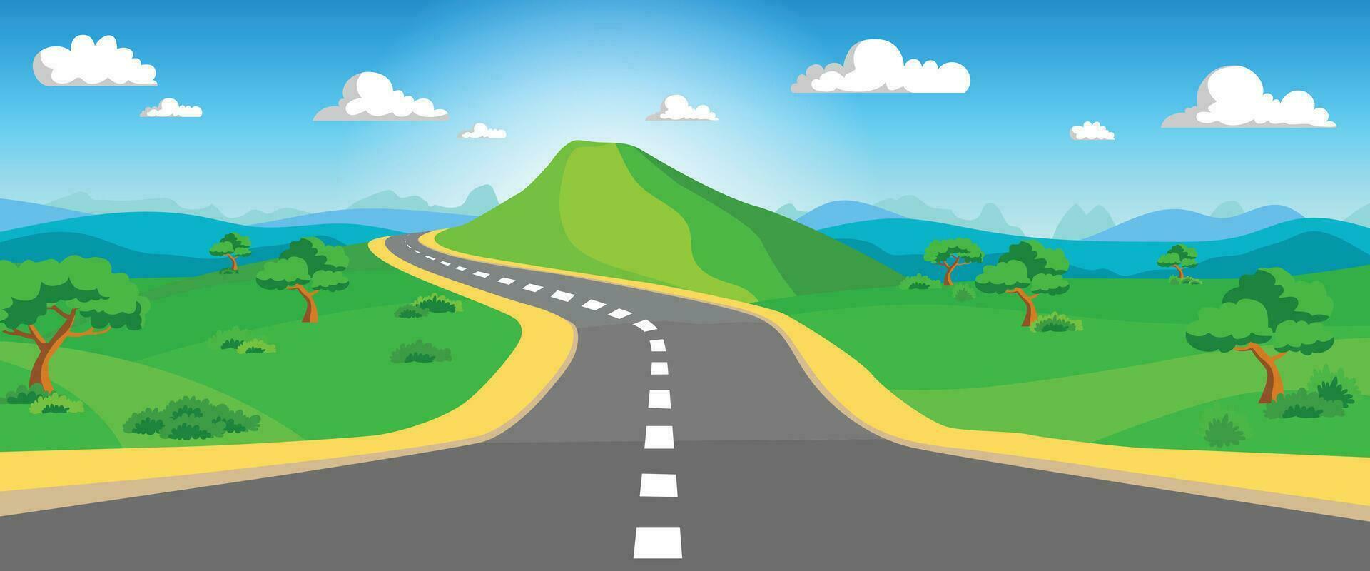 Road scenery surrounded by meadows, trees and mountains. clear sky. beautiful nature. vector