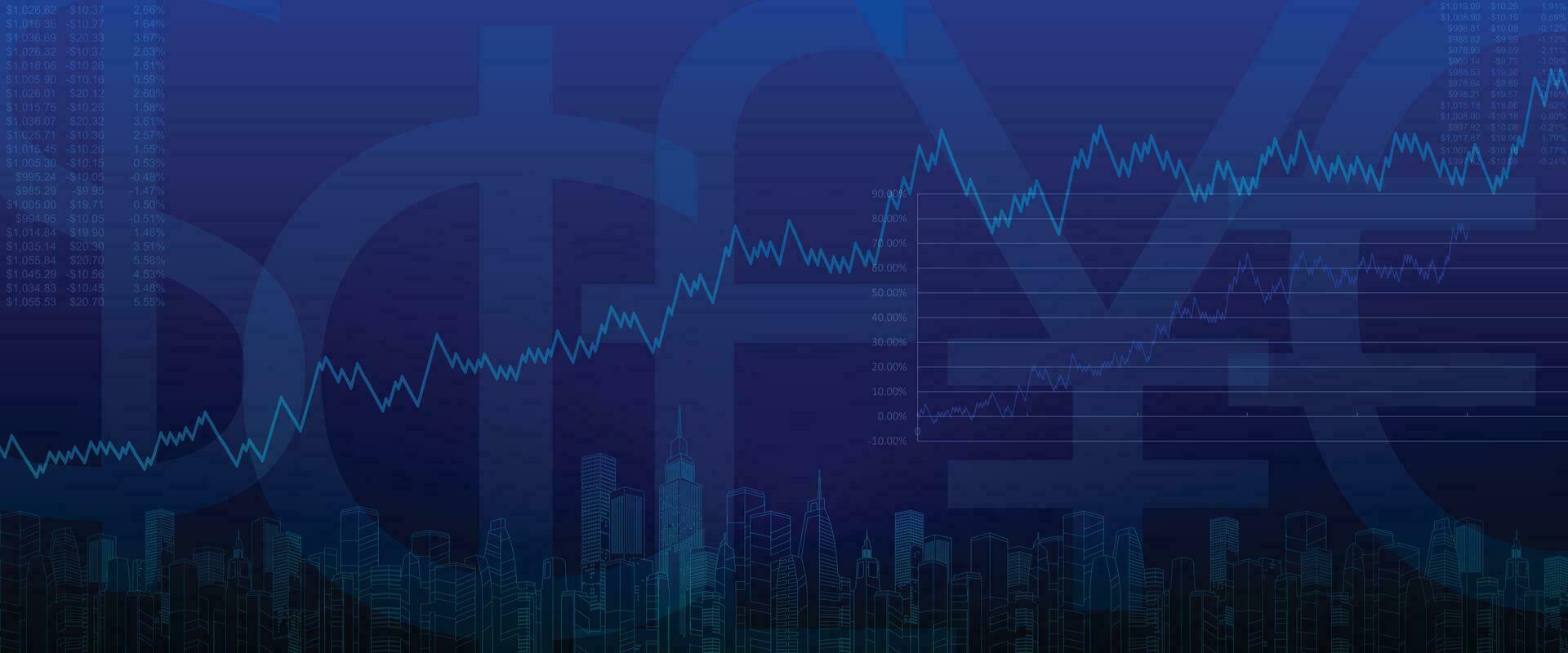 Digital financial illustration global connection, data transmission, currency symbol, finance, stock trading, investment, dark blue background, vector