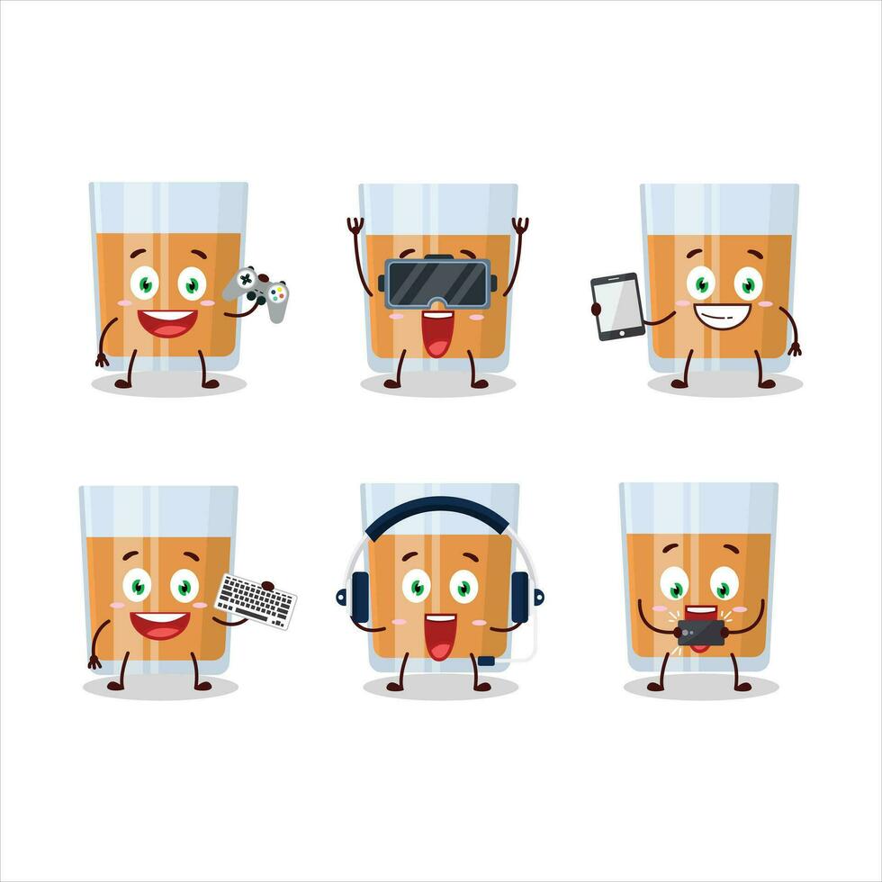 Glass of chocolates cartoon character are playing games with various cute emoticons vector