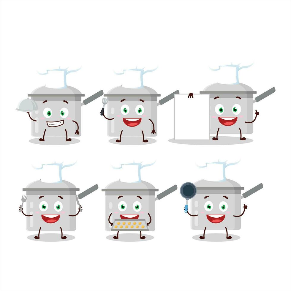Cartoon character of sauce pan with various chef emoticons vector
