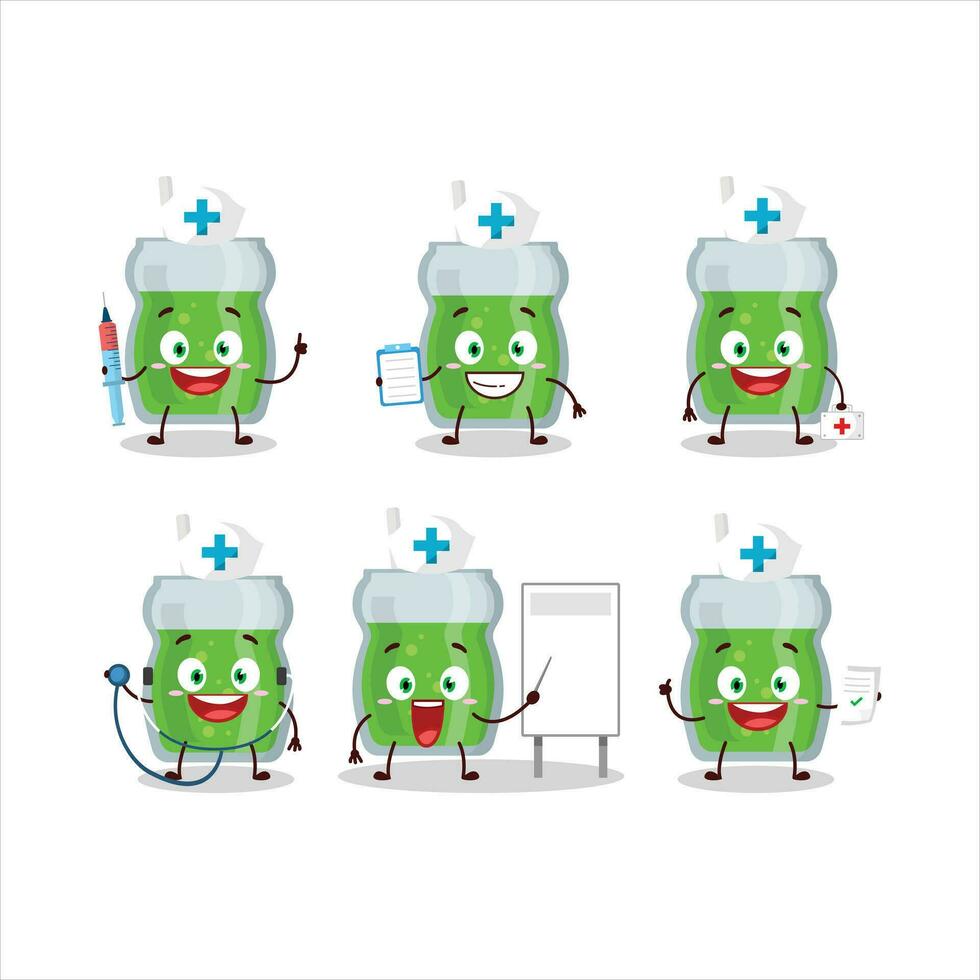médico profesión emoticon con aguacate jugo dibujos animados personaje vector