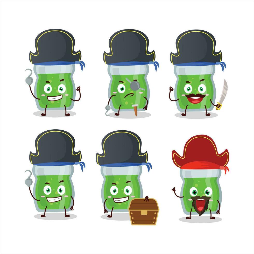 dibujos animados personaje de aguacate jugo con varios piratas emoticones vector