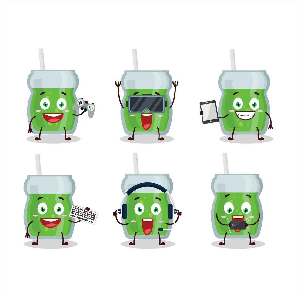 aguacate jugo dibujos animados personaje son jugando juegos con varios linda emoticones vector