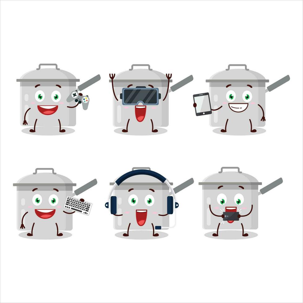 Sauce pan cartoon character are playing games with various cute emoticons vector