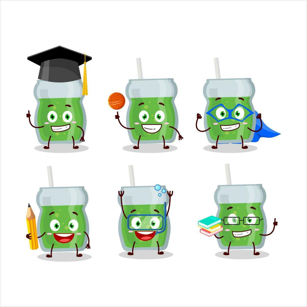 colegio estudiante de aguacate jugo dibujos animados personaje con varios expresiones vector