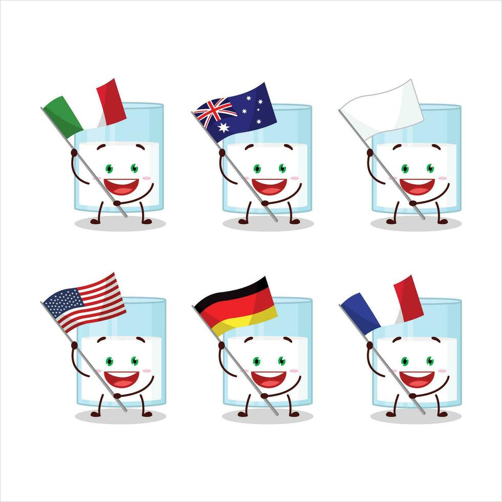 Glass of milk cartoon character bring the flags of various countries vector