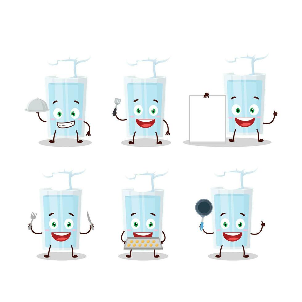 dibujos animados personaje de vaso de agua con varios cocinero emoticones vector