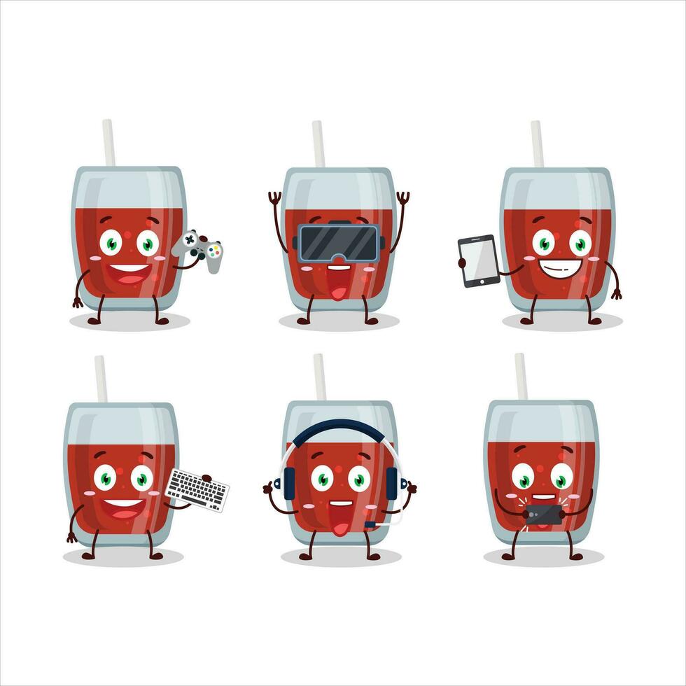 Apple juice cartoon character are playing games with various cute emoticons vector