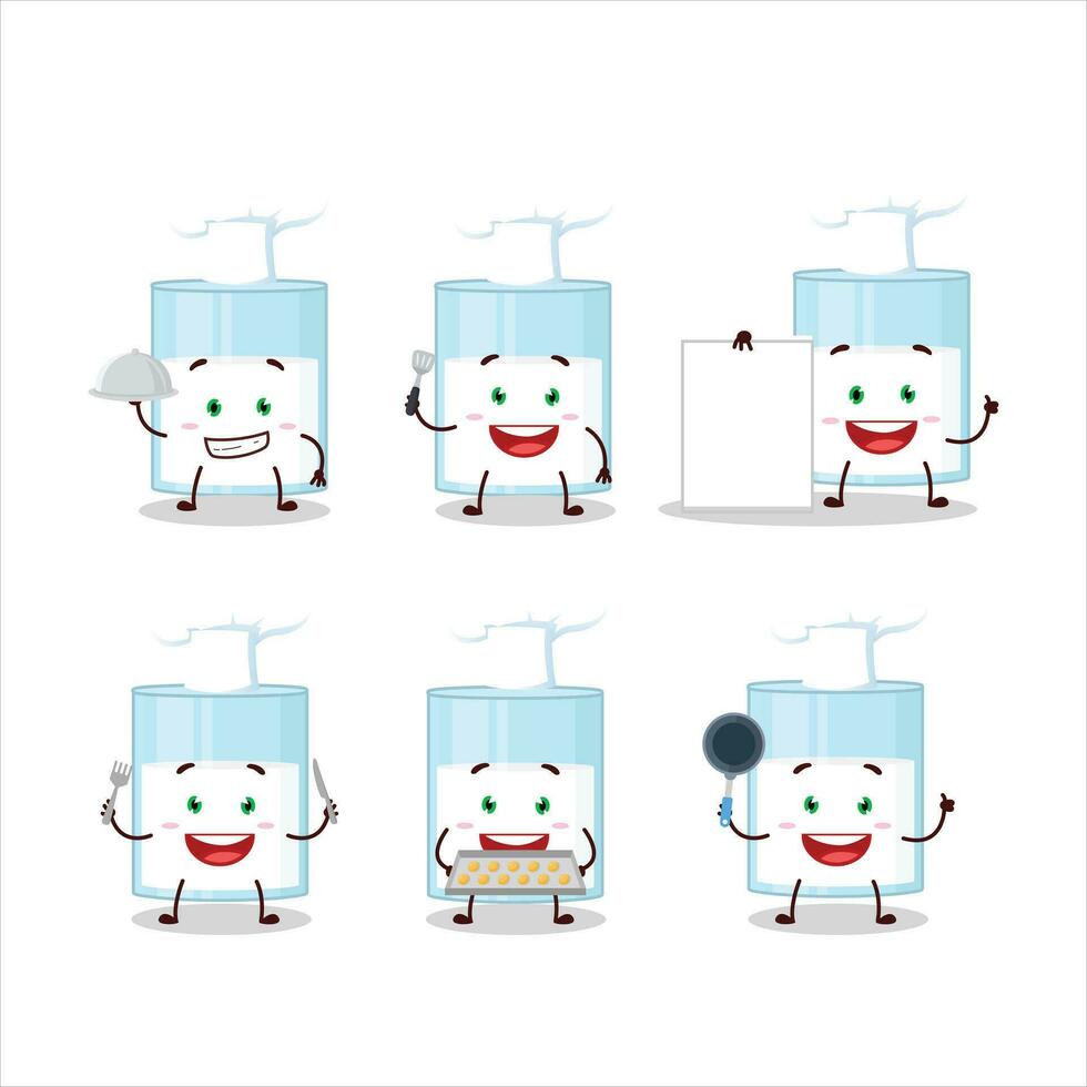 Cartoon character of glass of milk with various chef emoticons vector