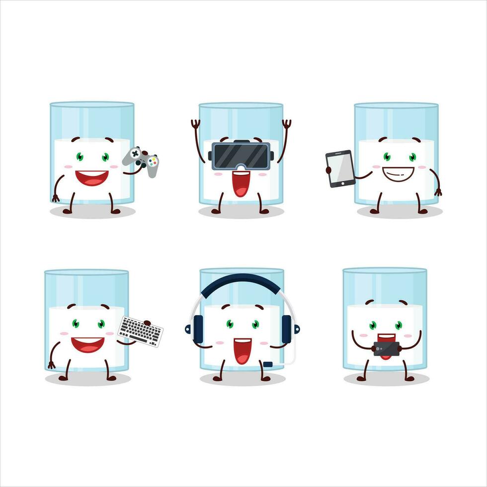 Glass of milk cartoon character are playing games with various cute emoticons vector