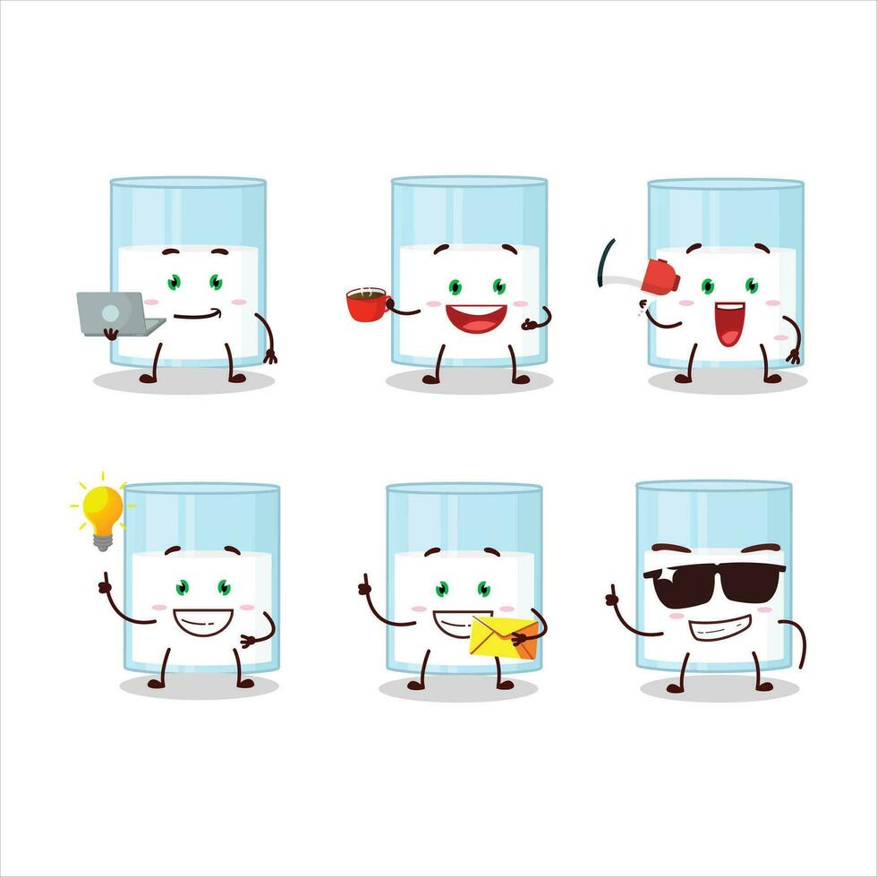 Glass of milk cartoon character with various types of business emoticons vector