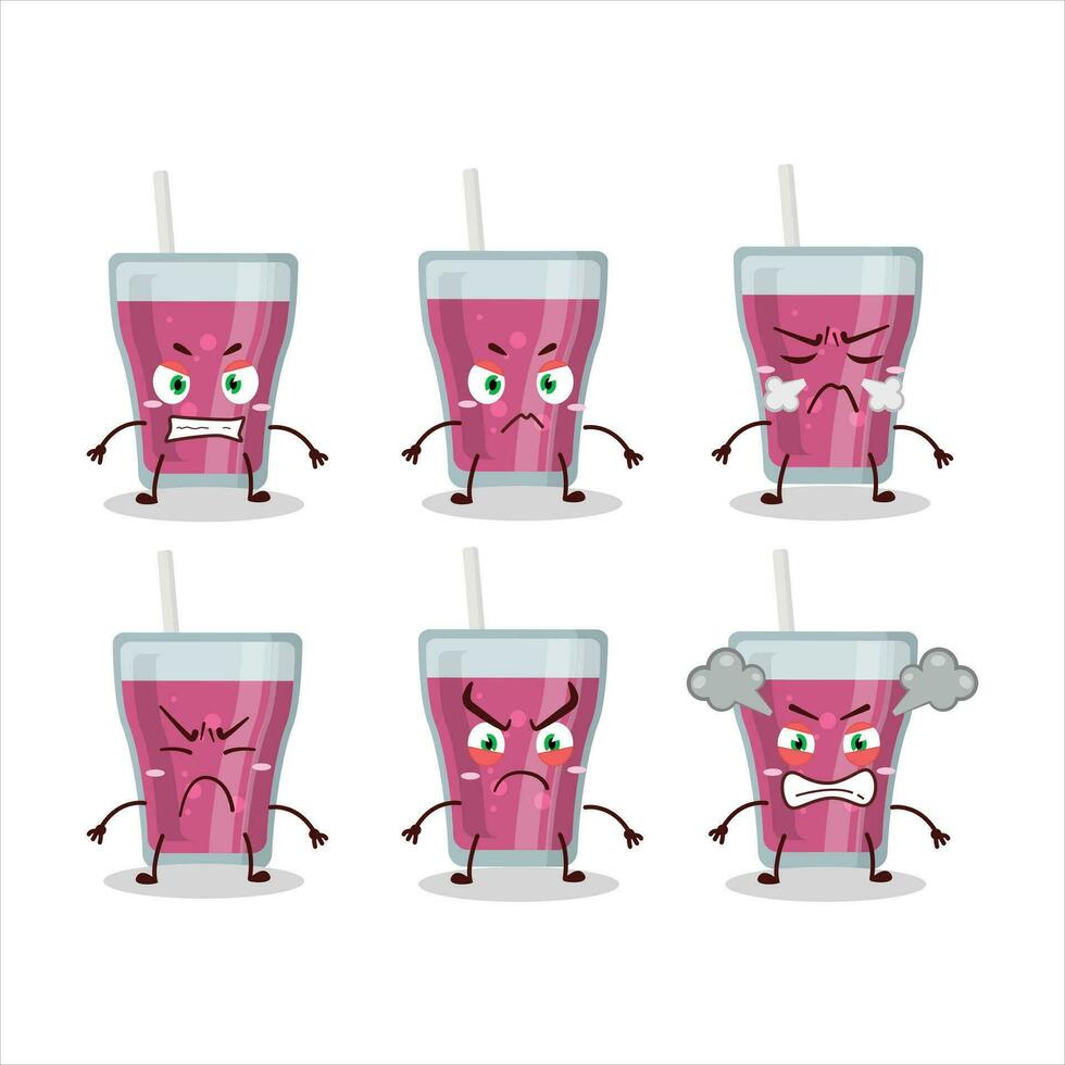 púrpura jugo dibujos animados personaje con varios enojado expresiones vector