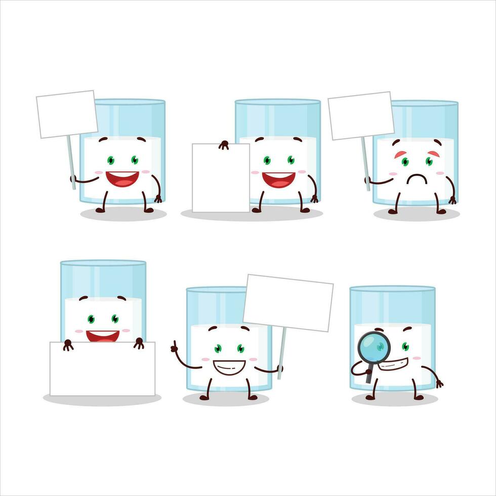 Glass of milk cartoon character bring information board vector