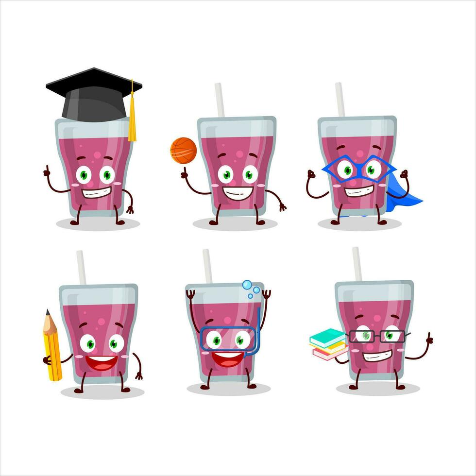 School student of purple juice cartoon character with various expressions vector