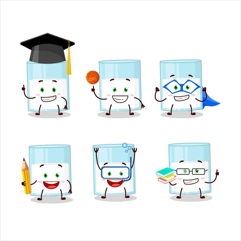 School student of glass of milk cartoon character with various expressions vector