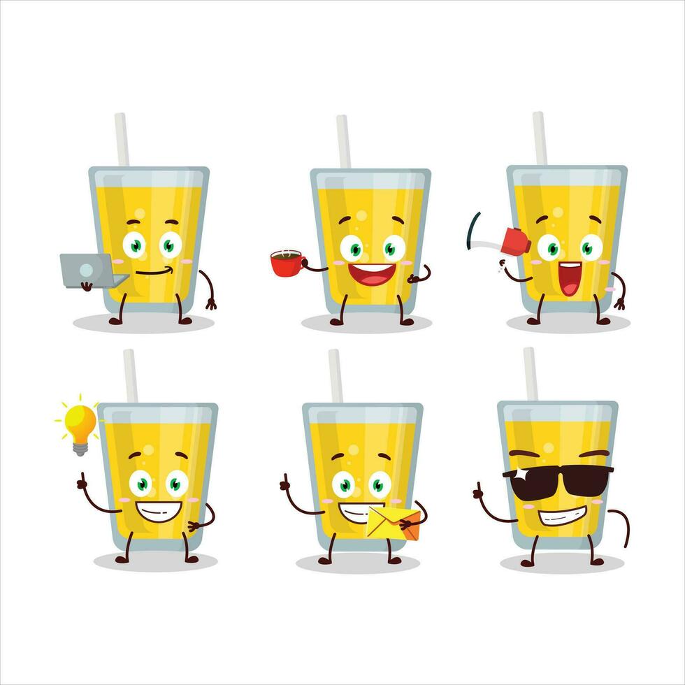 Banana juice cartoon character with various types of business emoticons vector