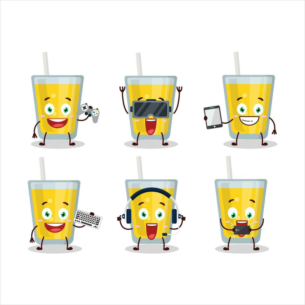 Banana juice cartoon character are playing games with various cute emoticons vector