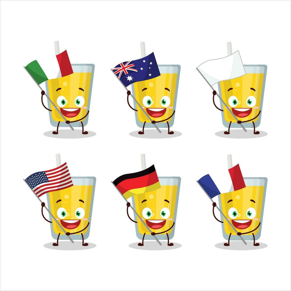 plátano jugo dibujos animados personaje traer el banderas de varios países vector