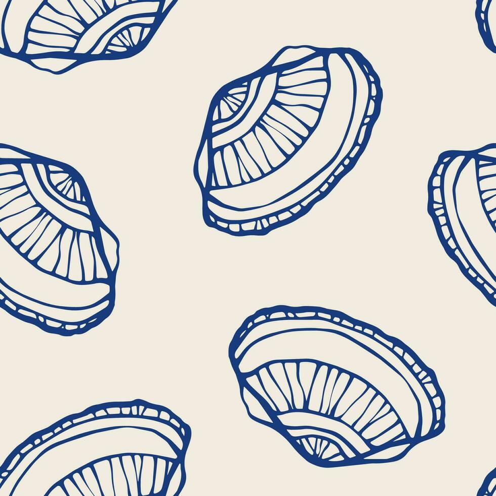 Marine sea shells seamless pattern. Cockle shells line drawing on beige