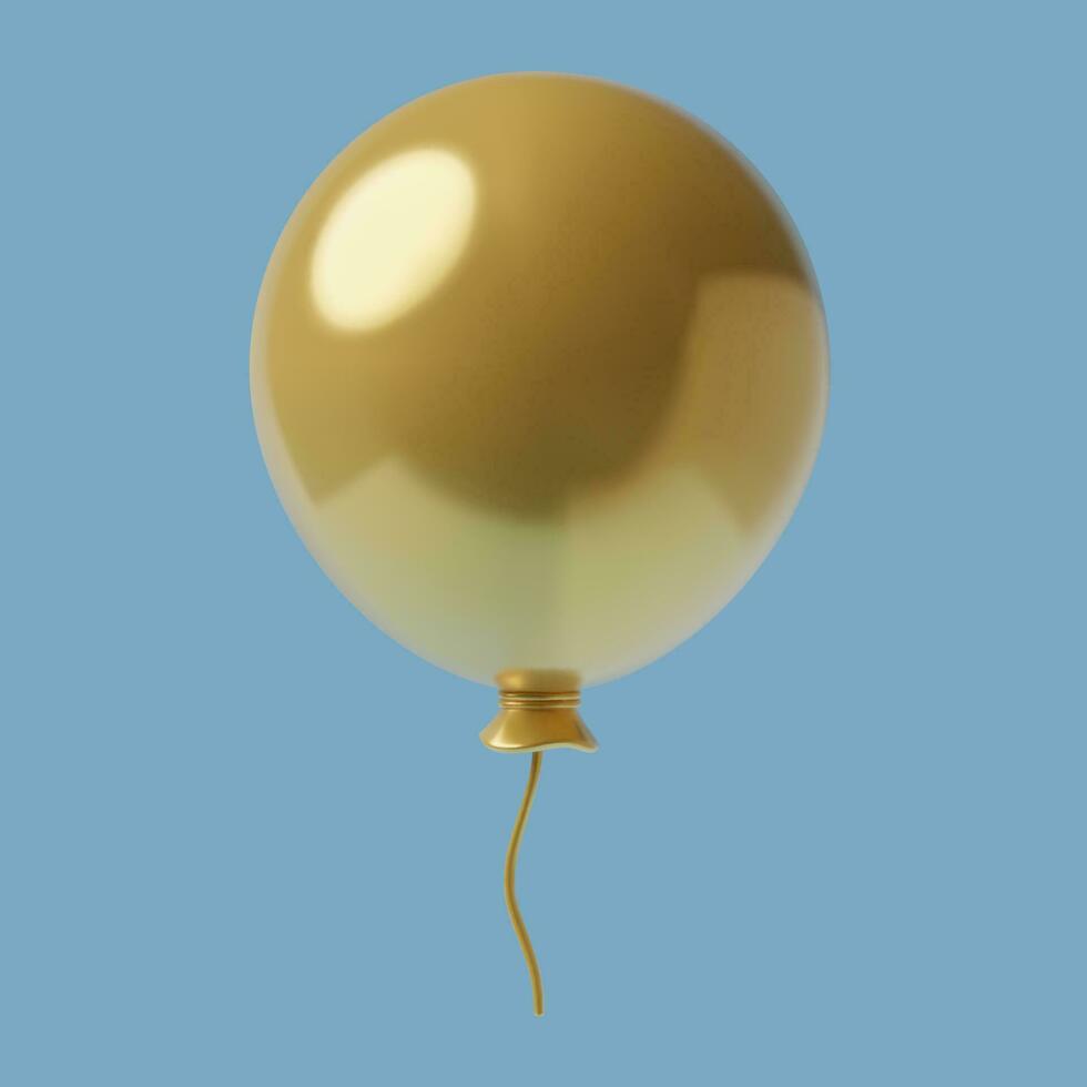 3d Golden helium Air Balloon. Three dimensional holiday decorative object in cartoon minimal style on blue background. Isolated vector design element.