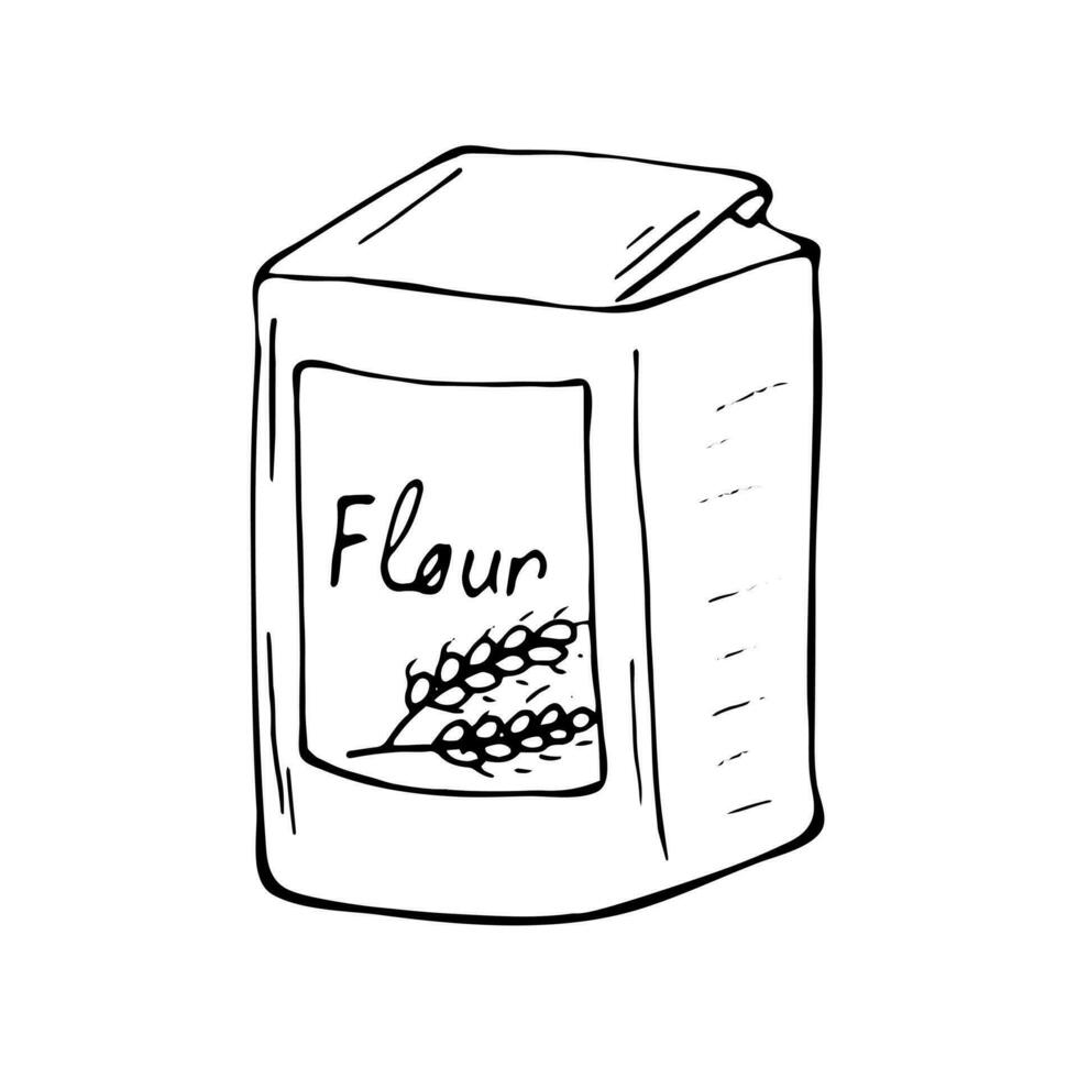 Hand-drawn sack of flour, wheat ears drawn on the sack, vector illustration. Food illustration