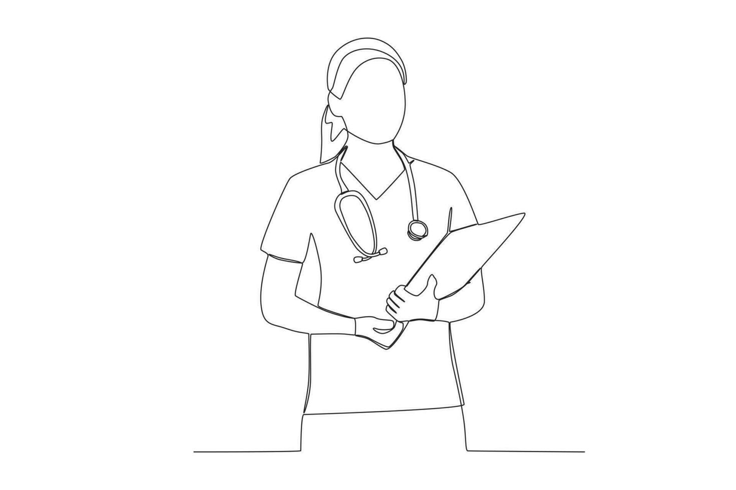 One single line drawing of young nurse writing medical repor. the nurse read the data on the clipboard she was holding in hospital. Medical health care concept continuous line draw design vector