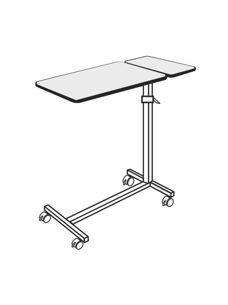 Medical adjustable overbed bedside table with wheels. Vector outline illustration.