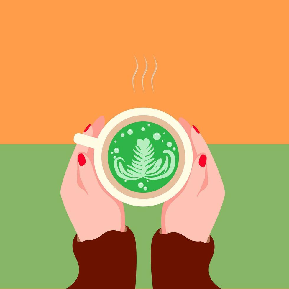 Vector illustration of a woman hand holding a cup of hot green tea with leaf shaped foam. warm autumn time hot green tea with leaf.