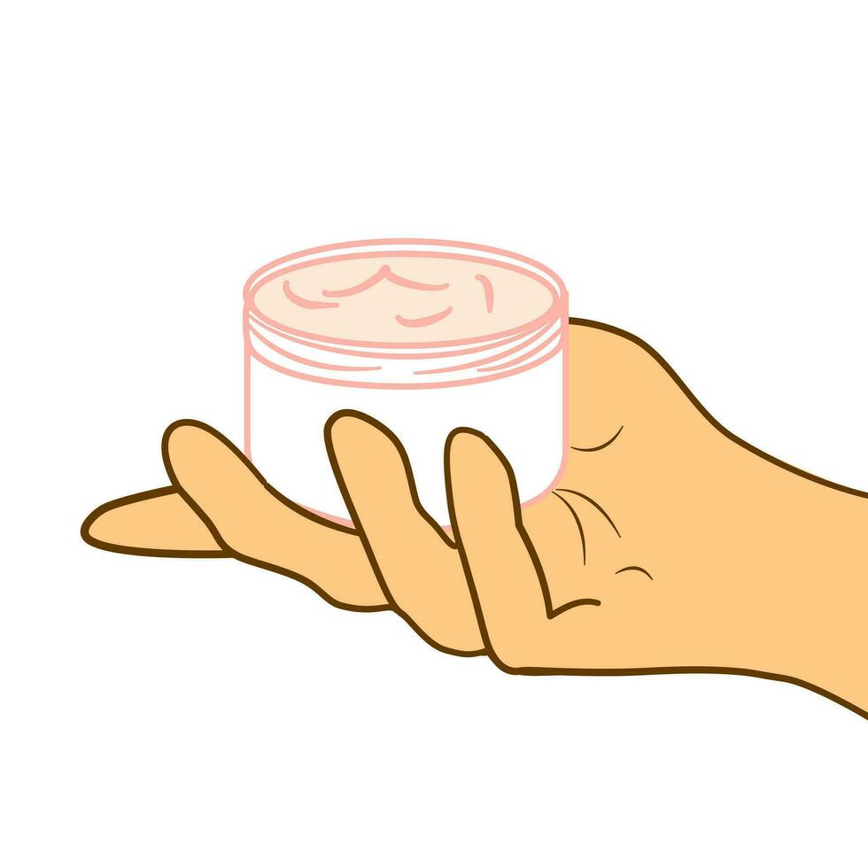 Vector woman's hand holding jar of cream in cartoon style. Symbol, logo, sticker, skin care, spa.