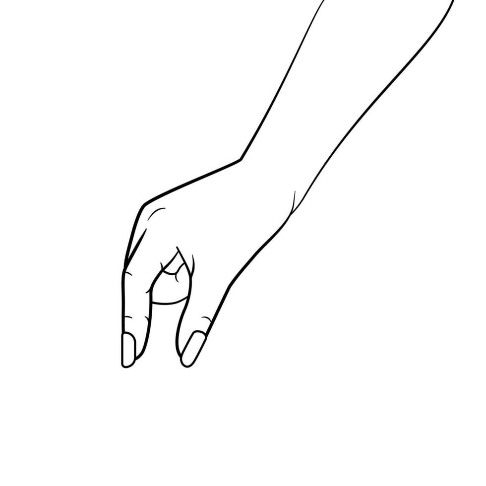 Grabbing hand. Man's hand pinching invisible item. Hand holding something with two fingers. Vector flat outline icon illustration isolated on white background.
