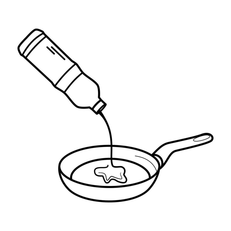 Pour the cooking oil from the bottle into the pan on the stove. editable stroke flat vector illustration on white background.