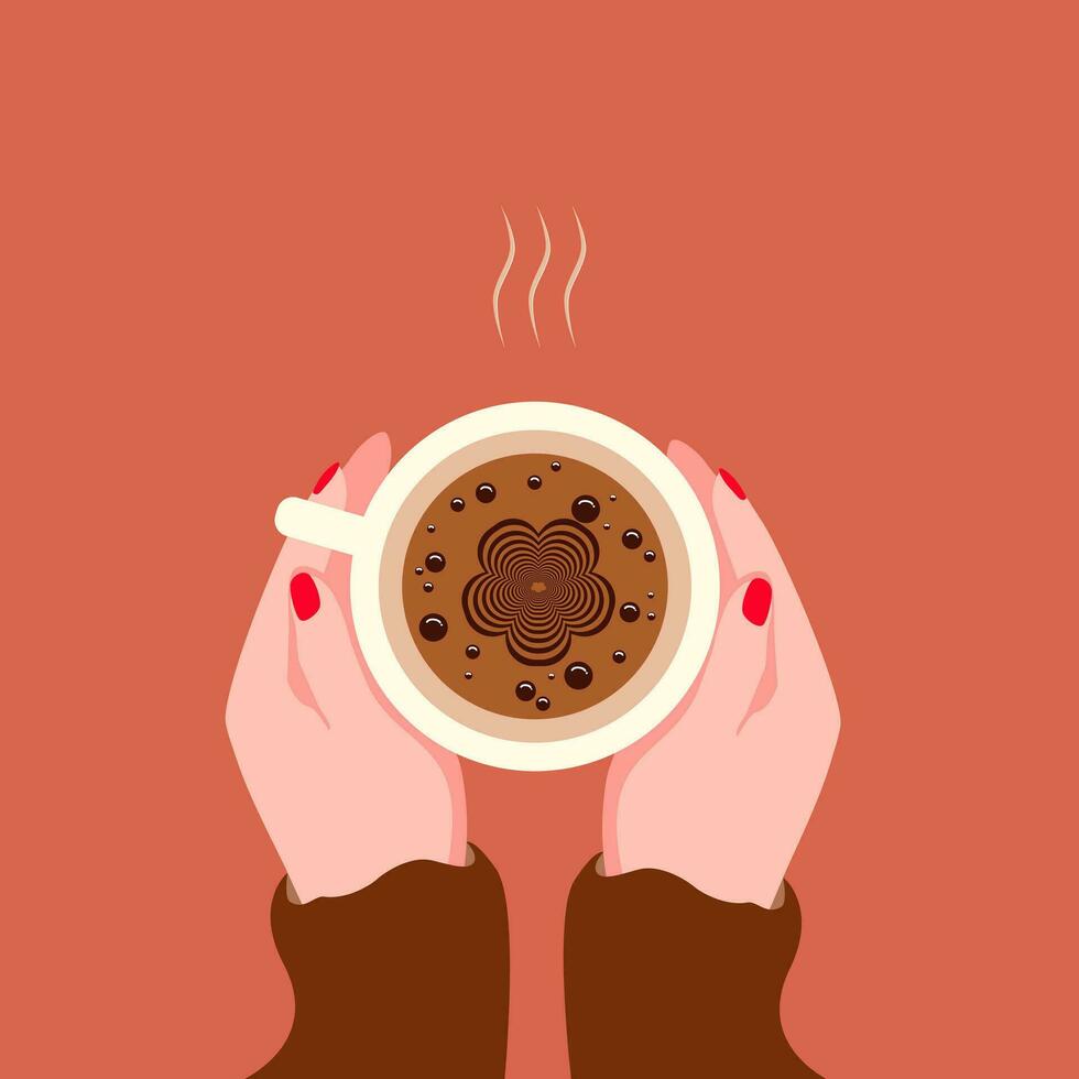 Vector illustration of a woman hand holding a cup of coffee with flower shaped foam. warm autumn time hot coffee with flower.