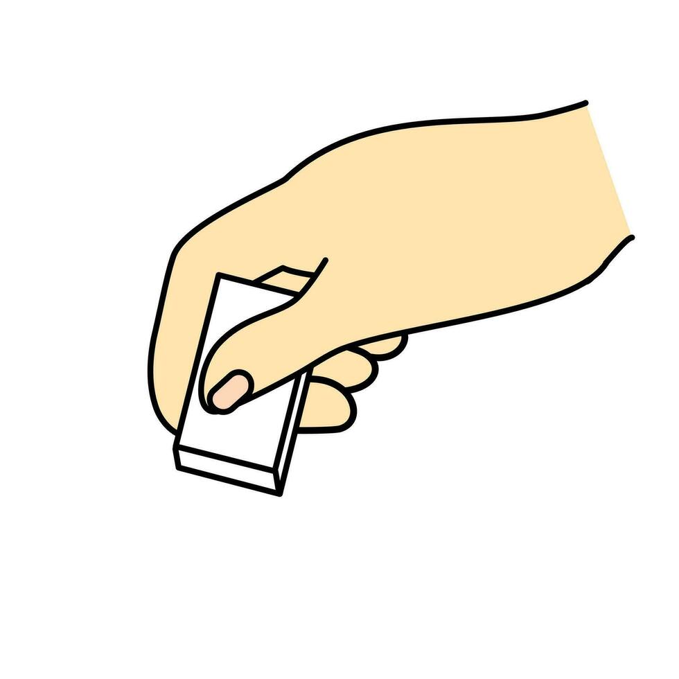 close up hand using white rubber eraser - vector illustration cartoon hand drawn with black lines, isolated on white background.