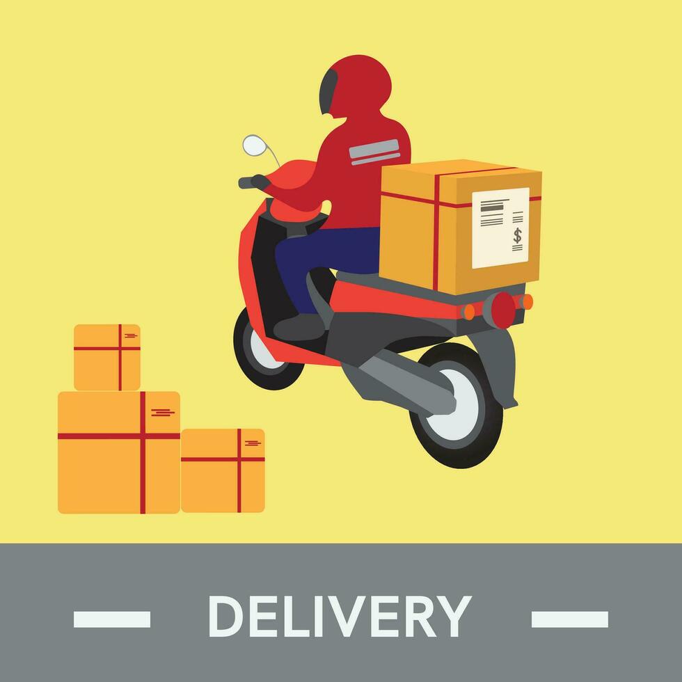 Man riding red scooter delivery isolated on yellow background. Online restaurant order food service. E-commerce concept. vector illustration flat design.