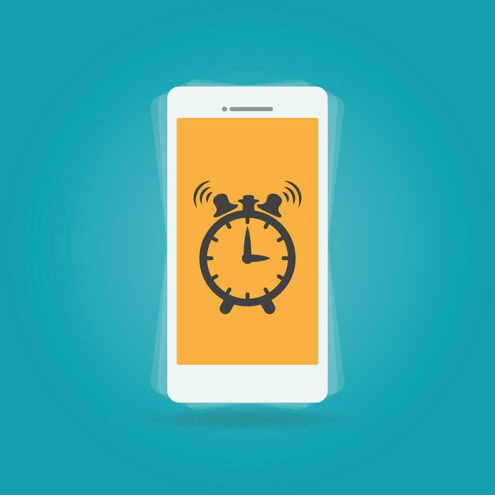 Linear mobile alarm clock app. Flat alarm clock phone. Mobile wake up symbol on green background. Digital alarm app icon. Vector illustration.