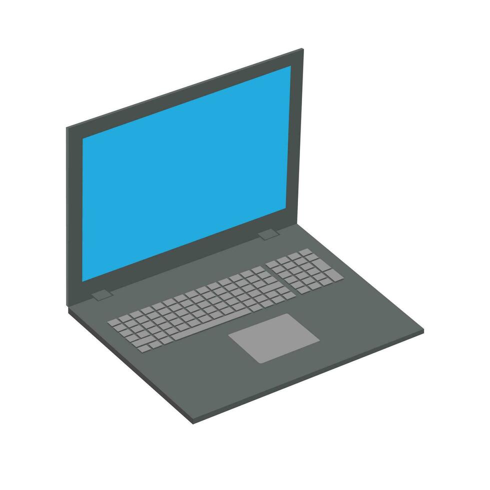 Realistic perspective front laptop with keyboard isolated incline 45 degree. Computer notebook with blue screen template. Front view of mobile computer with keypad backdrop. Digital equipment cutout. vector