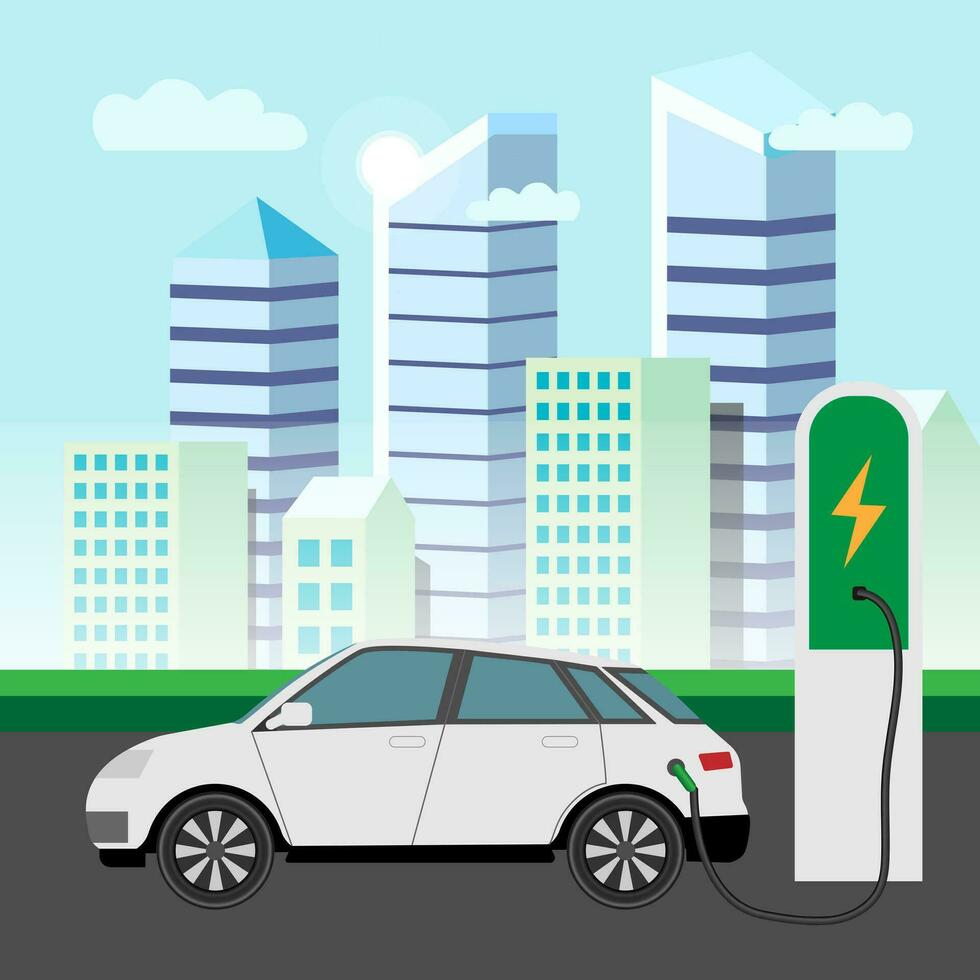 EV Car Or Electric Car At Charging Station. Concept Illustration For Green Environment in city. Landing Page in Flat Style. Vector EPS 10.