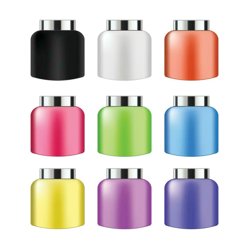 Cosmetic cream glass jar. Set of glossy plastic containers isolated in black and white,Silver, red, , green, blue, yellow, purple and indigo for skin care products with lids. Realistic 3D. vector