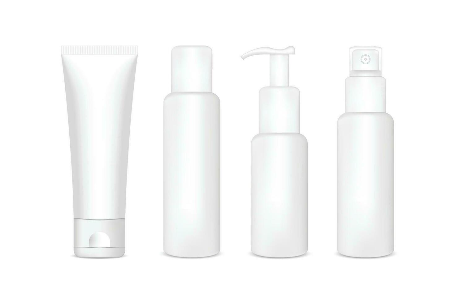 Blank cosmetic packaging mockup tube, spray, bottle with press pump. bottle gel. Vector illustration.