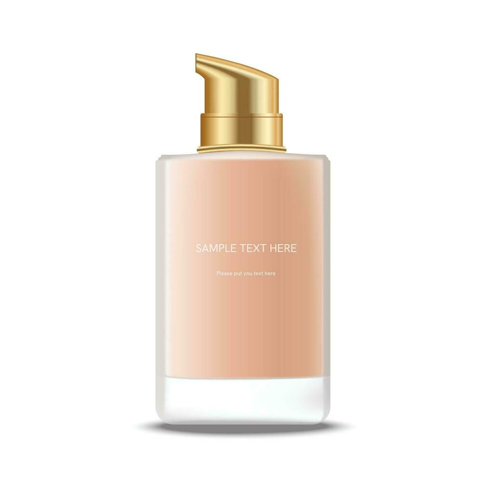 Mock up of face foundation makeup bottle. Realistic package of face skin care and beauty cosmetic product. 3d template of container with pump and gold cap isolated on white background. vector
