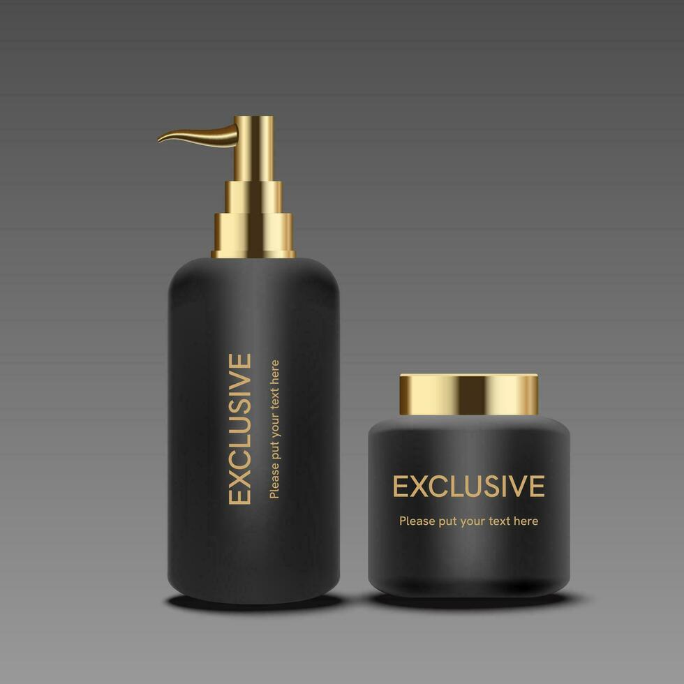Vector 3D elegant cosmetic products background premium cream jar for skin care products. Luxury facial cream. Cosmetic ads flyer or banner design. black cosmetic cream template. Makeup products brand.