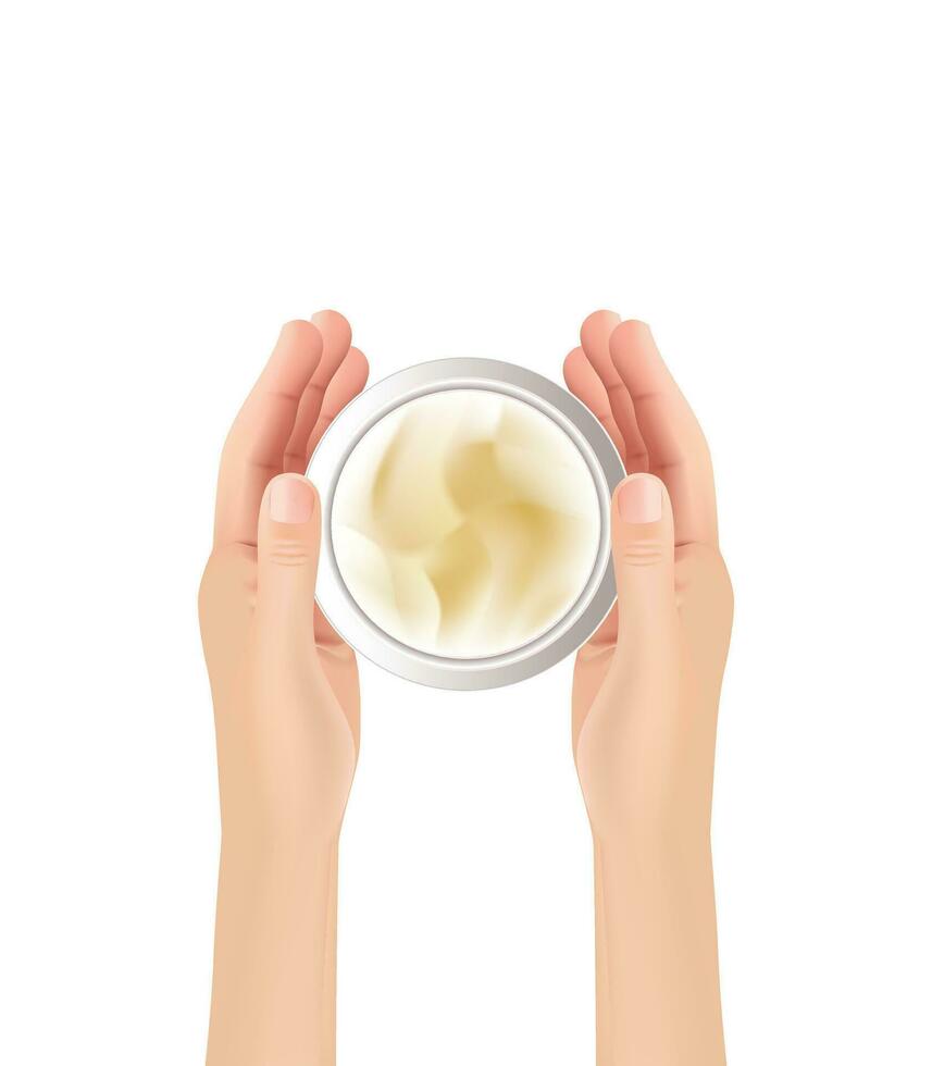 Young woman's hand holding realistic jar of cream for skin care , skin care products and advertising materials, vector illustration.