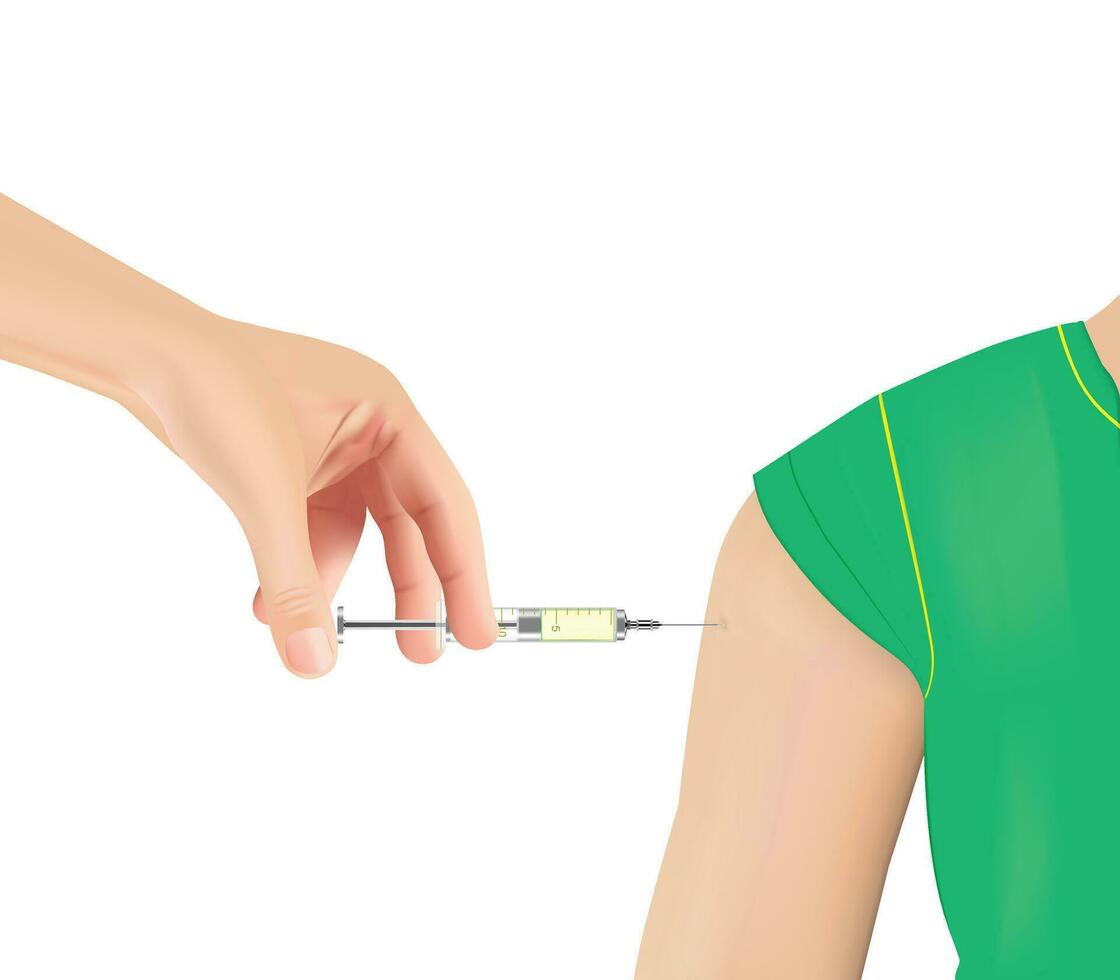 Vector illustration. Doctor injects vaccine in a patient's shoulder. Close up view. For medical publications, immunization and vaccination campaign of people against infection and bacterial disease.