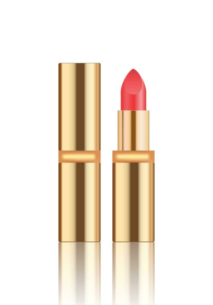 Mock-up of realistic light red lipstick. Decorative cosmetic product for beautiful glossy lip. makeup lip gloss in stick gold color. Blank template of container - Vector illustration.