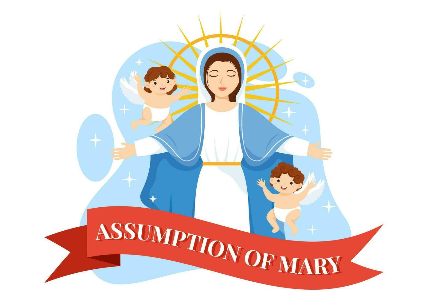 Assumption of Mary Vector Illustration with Feast of the Blessed Virgin and Kids Angels in Heaven in Flat Cartoon Hand Drawn Background Templates