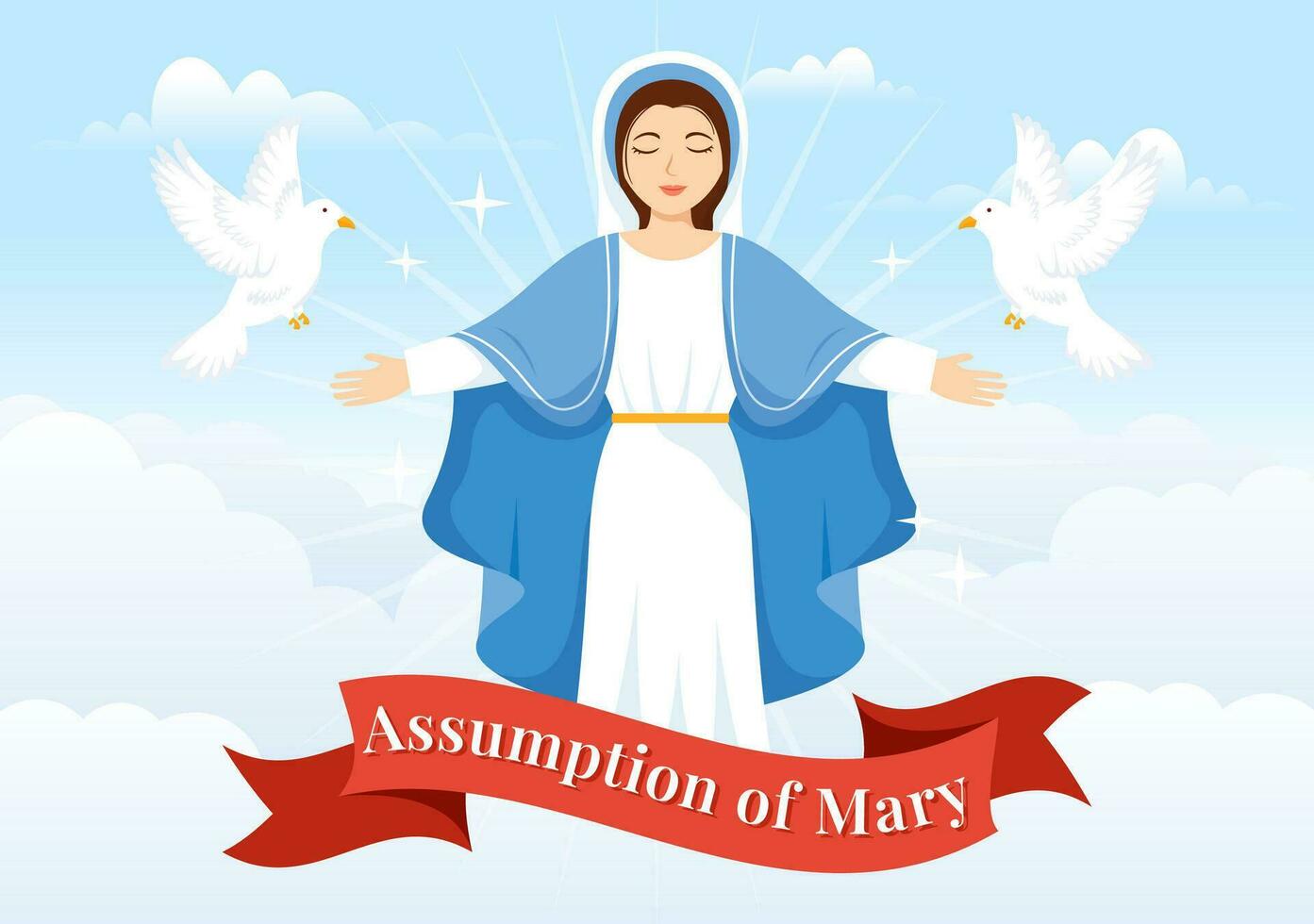 Assumption of Mary Vector Illustration with Feast of the Blessed Virgin and Doves in Heaven in Flat Cartoon Hand Drawn Background Templates