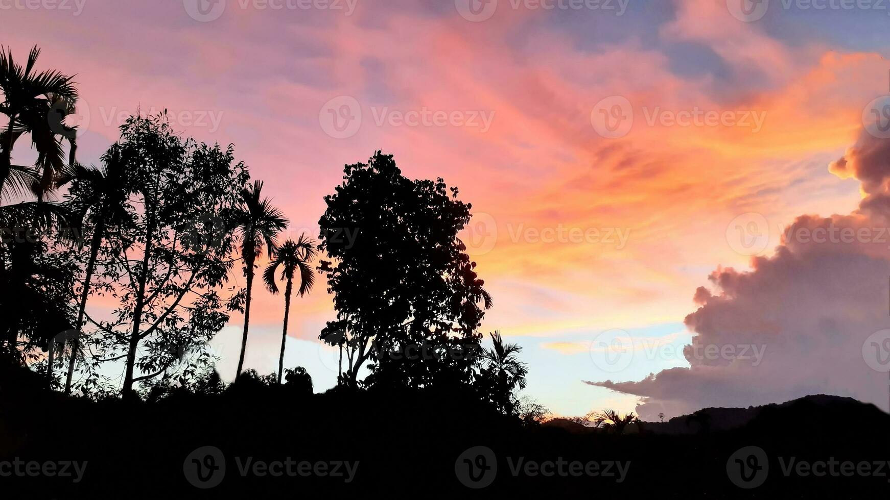 Create beauty of landscape saw mountains, betel palm coconut trees, with blue sky mix golden orange. the natural atmosphere evening is bright and charming in the countryside. photo