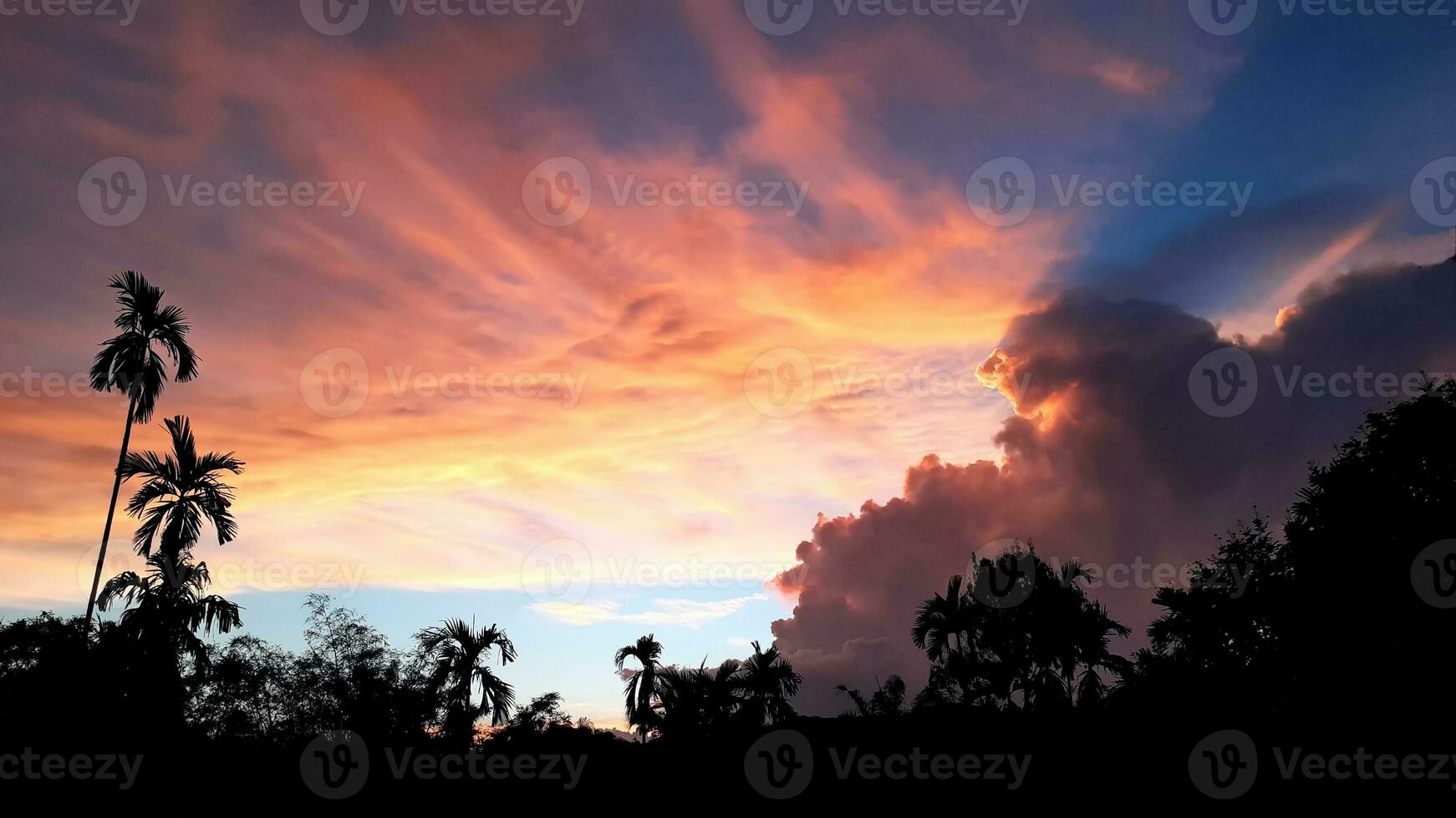 Create beauty of landscape saw mountains, betel palm coconut trees, with blue sky mix golden orange. the natural atmosphere evening is bright and charming in the countryside. photo